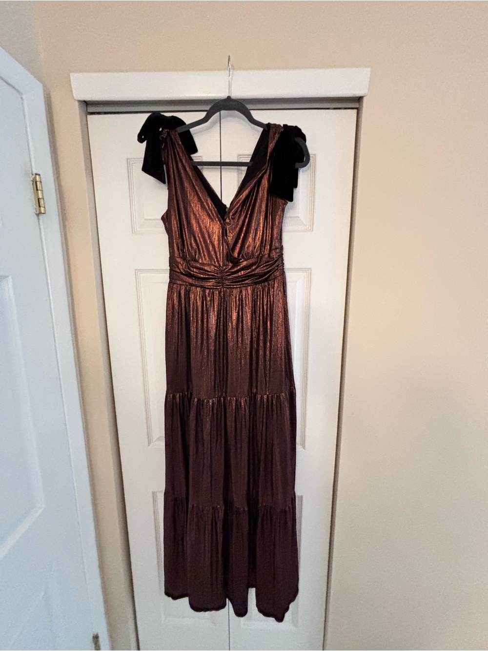 Sugarlips Bronze Shimmer V-Neck Tiered Maxi Dress
